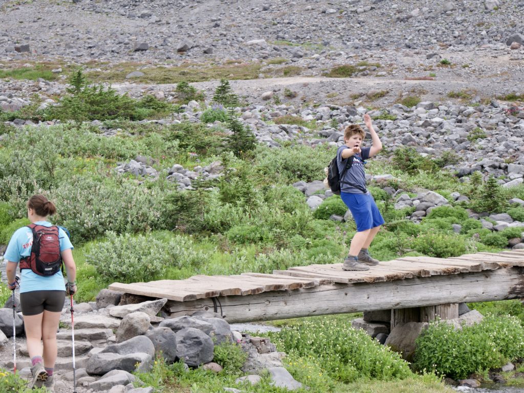 Goofball son crossing a high meadow bridge