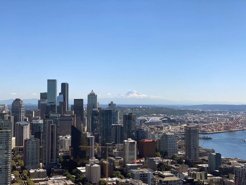 Seattle skyline looking towards Mount Rainier from the Space Needle