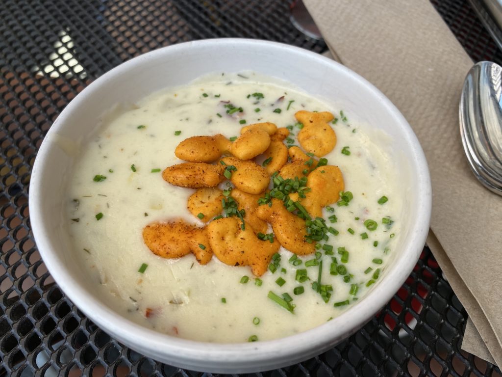 Chowder with spiced goldfish crackers