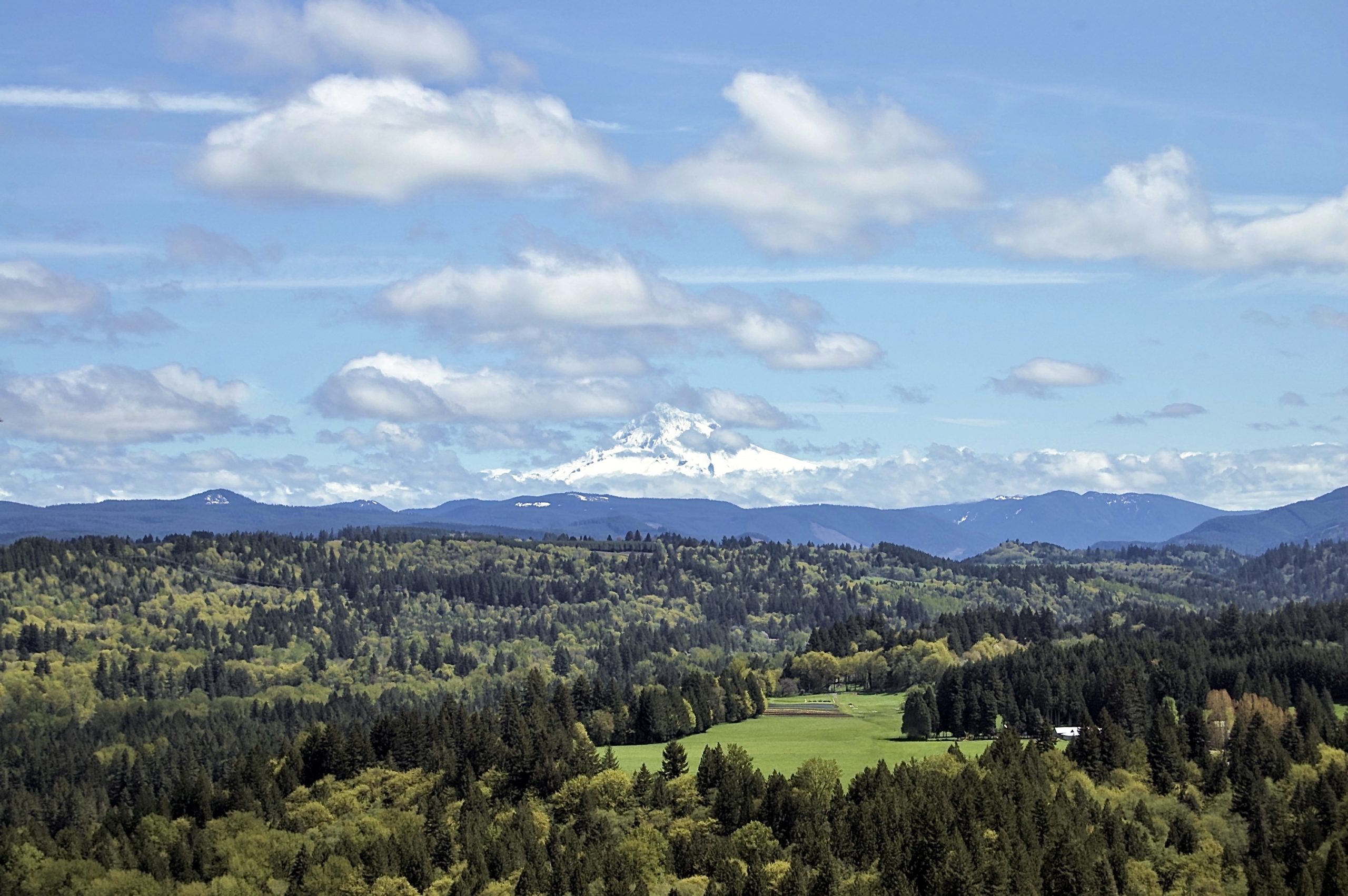 A small break in the clouds for Mt. Hood to appear as seen from Sandy, Oregon