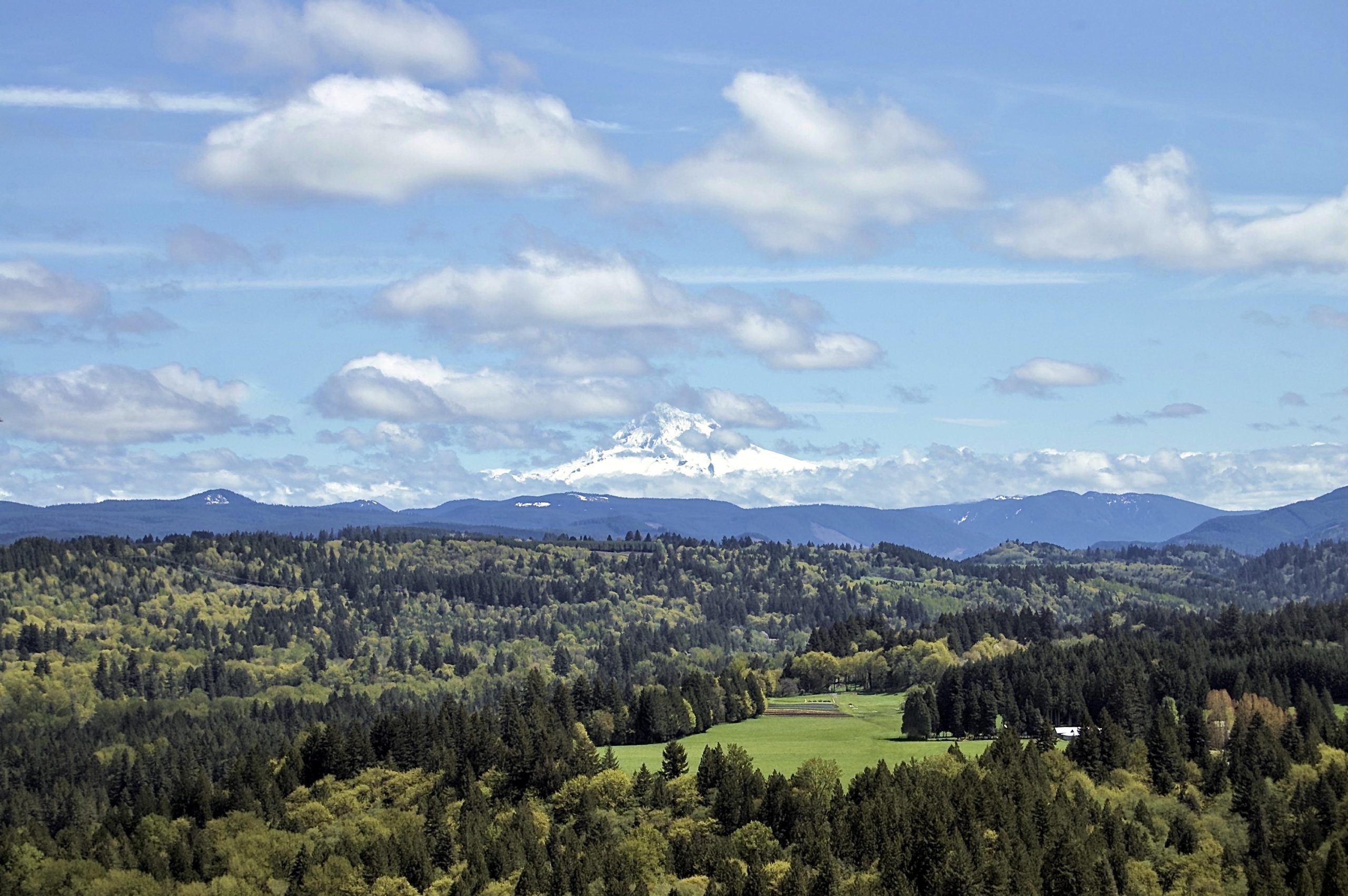 A small break in the clouds for Mt. Hood to appear as seen from Sandy, Oregon