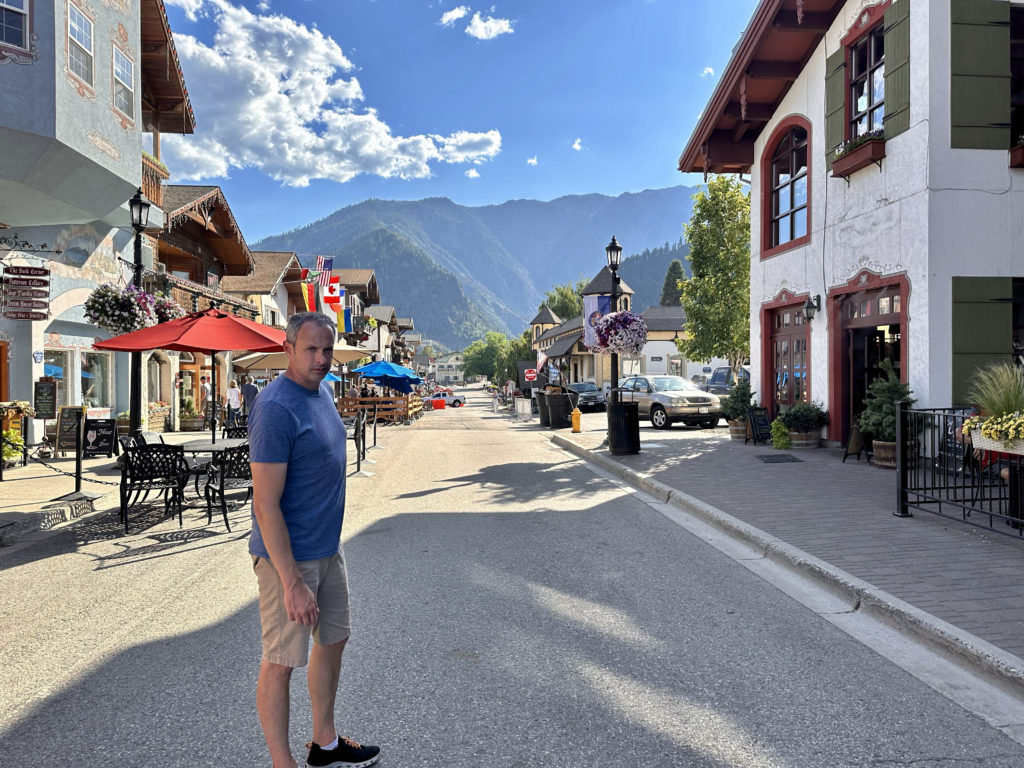 Patrick posing for a photo on the street of downtown Leavenworth, Washington. A Bavarian town in the Central Cascades 2 hours east of Seattle.